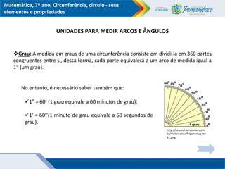 Matemática, 7º ano, Circunferência, círculo - seus
elementos e propriedades
Grau: A medida em graus de uma circunferência consiste em dividi-la em 360 partes
congruentes entre si, dessa forma, cada parte equivalerá a um arco de medida igual a
1 (um grau).
UNIDADES PARA MEDIR ARCOS E ÂNGULOS
No entanto, é necessário saber também que:
1° = 60’ (1 grau equivale a 60 minutos de grau);
1’ = 60’’(1 minuto de grau equivale a 60 segundos de
grau).
http://pessoal.sercomtel.com.
br/matematica/trigonom/z_tri
41.png
 
