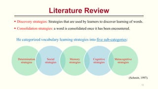  Discovery strategies: Strategies that are used by learners to discover learning of words.
 Consolidation strategies: a word is consolidated once it has been encountered.
12
Literature Review
(Schmitt, 1997)
He categorized vocabulary learning strategies into five sub-categories:
Determination
strategies
Social
strategies
Memory
strategies
Cognitive
strategies
Metacognitive
strategies
 