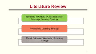 9
Literature Review
Summary of Oxford’s Classification of
Language Learning Strategy
Vocabulary Learning Strategy
The definition of Vocabulary Learning
Strategy
 
