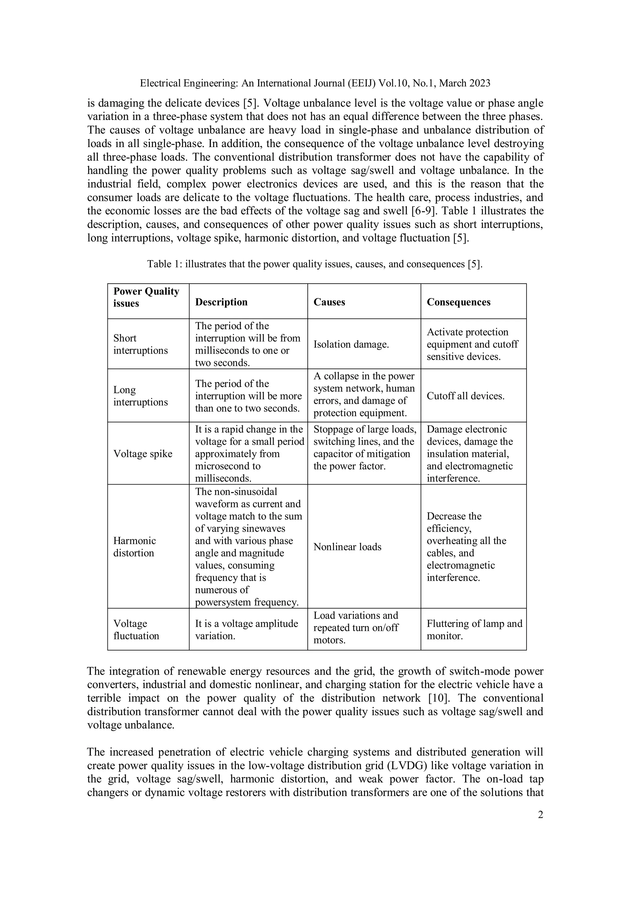 Electrical Engineering: An International Journal (EEIJ) Vol.10, No.1, March 2023
2
is damaging the delicate devices [5]. Voltage unbalance level is the voltage value or phase angle
variation in a three-phase system that does not has an equal difference between the three phases.
The causes of voltage unbalance are heavy load in single-phase and unbalance distribution of
loads in all single-phase. In addition, the consequence of the voltage unbalance level destroying
all three-phase loads. The conventional distribution transformer does not have the capability of
handling the power quality problems such as voltage sag/swell and voltage unbalance. In the
industrial field, complex power electronics devices are used, and this is the reason that the
consumer loads are delicate to the voltage fluctuations. The health care, process industries, and
the economic losses are the bad effects of the voltage sag and swell [6-9]. Table 1 illustrates the
description, causes, and consequences of other power quality issues such as short interruptions,
long interruptions, voltage spike, harmonic distortion, and voltage fluctuation [5].
Table 1: illustrates that the power quality issues, causes, and consequences [5].
Power Quality
issues Description Causes Consequences
Short
interruptions
The period of the
interruption will be from
milliseconds to one or
two seconds.
Isolation damage.
Activate protection
equipment and cutoff
sensitive devices.
Long
interruptions
The period of the
interruption will be more
than one to two seconds.
A collapse in the power
system network, human
errors, and damage of
protection equipment.
Cutoff all devices.
Voltage spike
It is a rapid change in the
voltage for a small period
approximately from
microsecond to
milliseconds.
Stoppage of large loads,
switching lines, and the
capacitor of mitigation
the power factor.
Damage electronic
devices, damage the
insulation material,
and electromagnetic
interference.
Harmonic
distortion
The non-sinusoidal
waveform as current and
voltage match to the sum
of varying sinewaves
and with various phase
angle and magnitude
values, consuming
frequency that is
numerous of
powersystem frequency.
Nonlinear loads
Decrease the
efficiency,
overheating all the
cables, and
electromagnetic
interference.
Voltage
fluctuation
It is a voltage amplitude
variation.
Load variations and
repeated turn on/off
motors.
Fluttering of lamp and
monitor.
The integration of renewable energy resources and the grid, the growth of switch-mode power
converters, industrial and domestic nonlinear, and charging station for the electric vehicle have a
terrible impact on the power quality of the distribution network [10]. The conventional
distribution transformer cannot deal with the power quality issues such as voltage sag/swell and
voltage unbalance.
The increased penetration of electric vehicle charging systems and distributed generation will
create power quality issues in the low-voltage distribution grid (LVDG) like voltage variation in
the grid, voltage sag/swell, harmonic distortion, and weak power factor. The on-load tap
changers or dynamic voltage restorers with distribution transformers are one of the solutions that
 