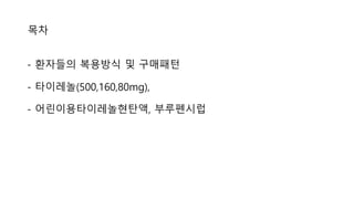 - 환자들의 복용방식 및 구매패턴
- 타이레놀(500,160,80mg),
- 어린이용타이레놀현탄액, 부루펜시럽
목차
 