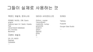 그들이 실제로 사용하는 것
백엔드 개발자, 엔지니어
RDBMS, NoSQL, DW, Query
engine
Hadoop layer (cf. Spark, Impala,
Pig)
Cloud based database
ETL Process
Workflow
…
데이터 사이언티스트
iPython, Jupyter
TensorBoard
matplotlib, numpy
geoplotlib
seaborn
gleam
ggplot2
plotly
R
…
마케터
Tableau
PowerBI
Google Data Studio
…
프론트 개발자
D3, C3, NSD3
Raphael
Datatable
…
 