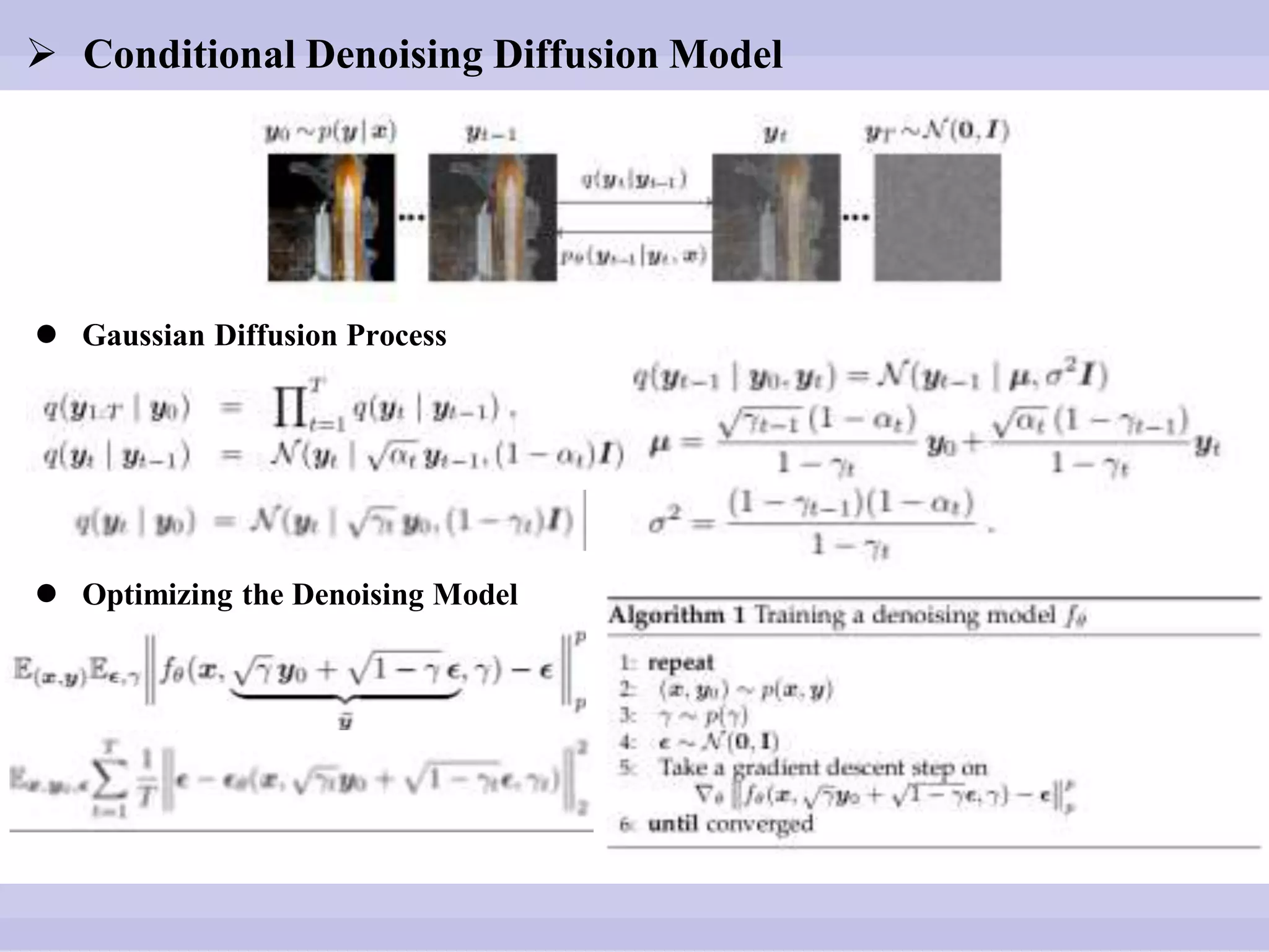  Conditional Denoising Diffusion Model
 Gaussian Diffusion Process
 Optimizing the Denoising Model
 