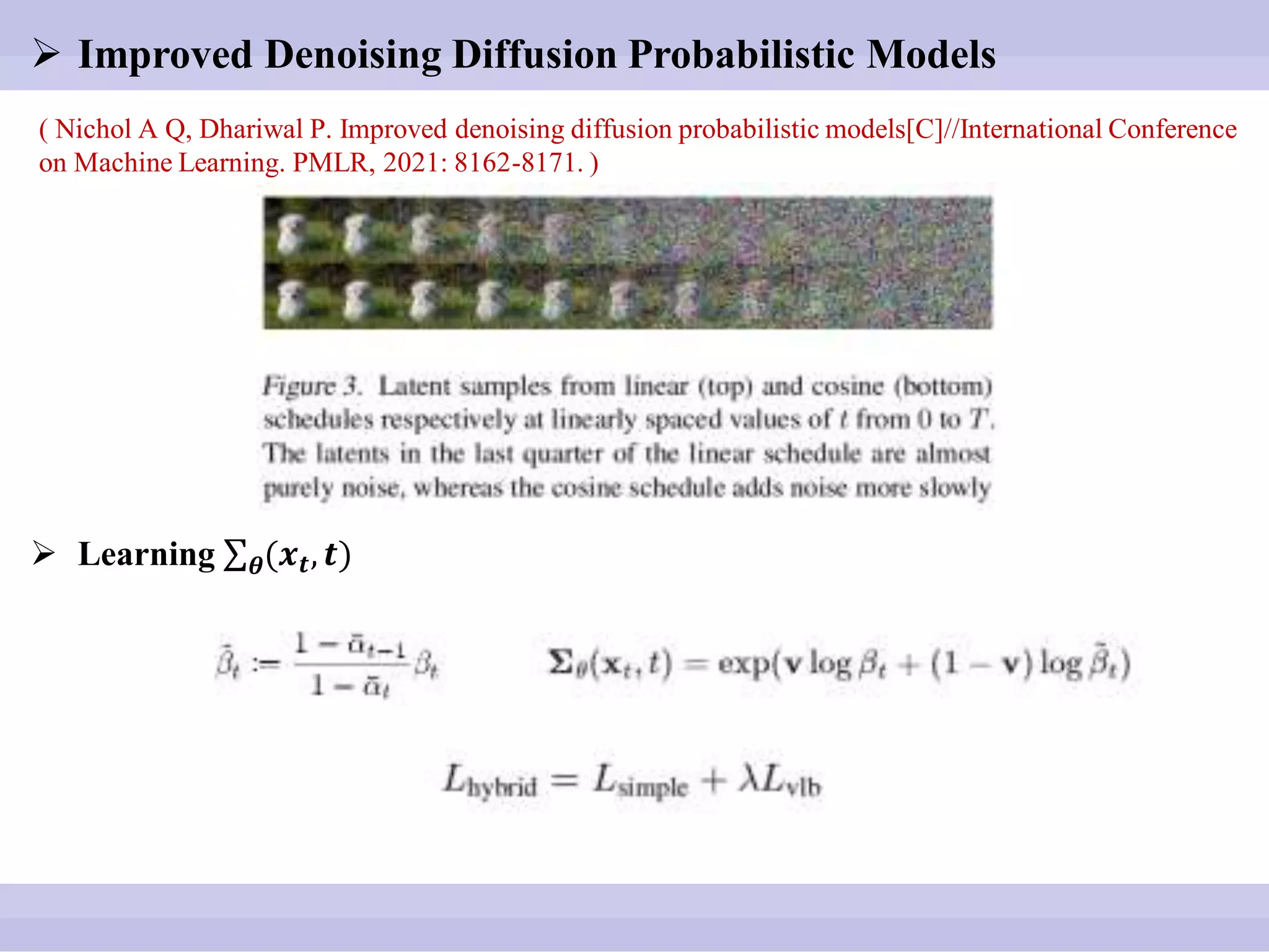  Improved Denoising Diffusion Probabilistic Models
( Nichol A Q, Dhariwal P. Improved denoising diffusion probabilistic models[C]//International Conference
on Machine Learning. PMLR, 2021: 8162-8171. )
 Learning 𝜽(𝒙𝒕, 𝒕)
 