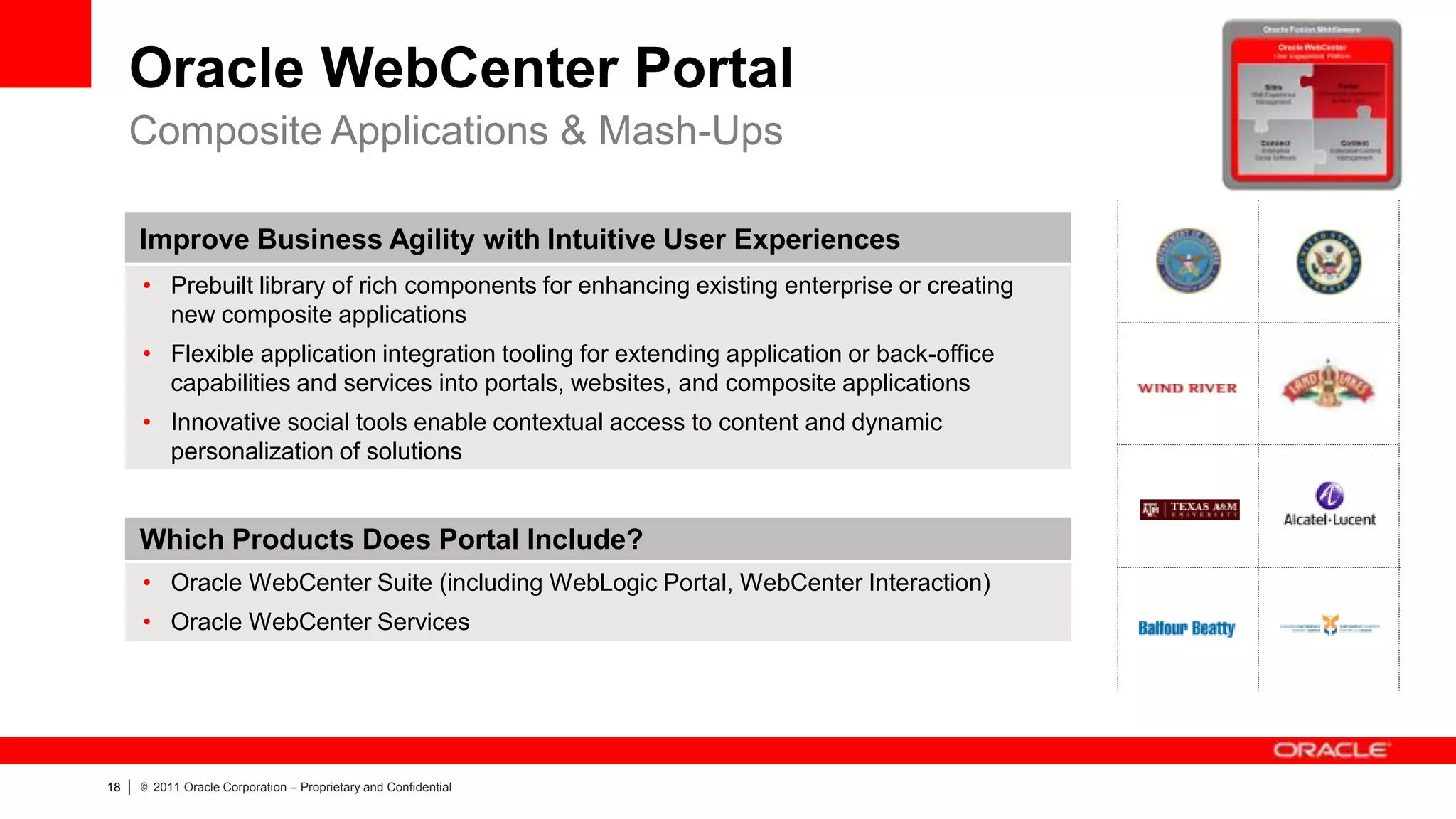 Oracle WebCenter Portal
     Composite Applications & Mash-Ups

         Improve Business Agility with Intuitive User Experiences
         • Prebuilt library of rich components for enhancing existing enterprise or creating
           new composite applications
         • Flexible application integration tooling for extending application or back-office
           capabilities and services into portals, websites, and composite applications
         • Innovative social tools enable contextual access to content and dynamic
           personalization of solutions


         Which Products Does Portal Include?
         • Oracle WebCenter Suite (including WebLogic Portal, WebCenter Interaction)
         • Oracle WebCenter Services




18   |   © 2011 Oracle Corporation – Proprietary and Confidential
 