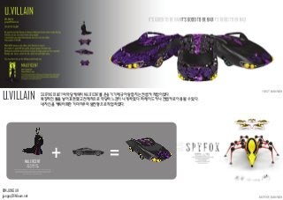 FIRST BANNER
MOTIVE BANNER
SLEEPING BEAUTY의 악당캐릭터 MALEFICENT를 운송기기 재규어랑 합치는 컨셉카 작업이었다.
특징적인 뿔을 넣어 표현했고 전체적으로 악당의 느낌이 나게 하였다. 퍼레이드 카나 컨셉카로 이용될 수 있다.
내 자신을 캐릭터화한 거미여우의 발전형으로 작업하였다.
U.VILLAIN
KIM JUNG AH
jjungaq91@daum.net
MALEFICENT
MOTIVE CHARACTER
Sleeping Beauty’s villain
She is the (self-proclaimed) Mistress of All Evil, who, after not being invited to a royal christening,
curses the infant Princess Aurora to "prick her finger on the spindle of a spinning wheel and die"
before the sun sets on her sixteenth birthday. The character is Disney's version of the wicked
fairy godmother from the original French fairy tale.
+ =
 