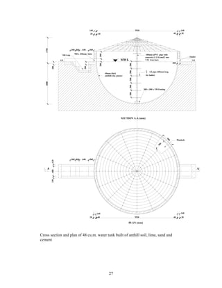 140                                         5520                                            140
                                              20     40                                                                          40       20




   1750
                             360 260   640    360
                               900 x 200mm Inlet                                                  100mm uPVC pipe with




                                                      500
                 Silt trap
                                                                                                  concrete (1:2:4) and 2 nos                     Outlet
                GL                                                            MWL                 Y12 iron bars                                    GL
                                                                                                                                 200




                                                                                    500
                                                      200
          200




                                        200
                                                                                                   3"




                                                                                    500
                                                                                                   4    GI pipe 600mm long
                                                            40mm thick
                                                            antihill clay plaster                  for ladder




                                                                                    500
   2800




                                                                                    500
                                                                                                 300 x 300 x 150 Footing




                                                                                    500
                                                                               SECTION A-A (mm)




                                                                                                                           90
                                                                                                                             0         Manhole




                                                                                                                  0
                             360 260   640    360                                                               70
          130




     A                                                                                                                                                    A
          680
          130




                                                    140                                                                                   140
                                              20    40                                    5520                                   40        20

                                                                                    PLAN (mm)



Cross section and plan of 48 cu.m. water tank built of anthill soil, lime, sand and
cement




                                                                27
 