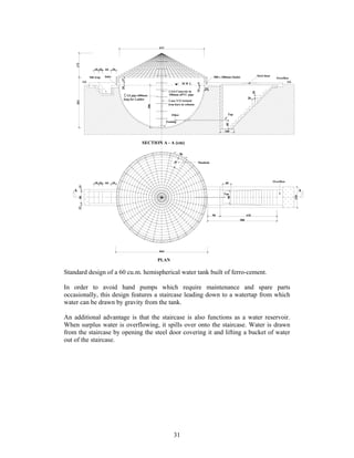 612




    175
                     36 26   64      36

                 Silt trap   Inlet                                                                        900 x 200mm Outlet                Steel door
                                                                                                                                                           Overflow




                                          37
            GL                                                                                                                                                    GL
                                                                                      MWL




                                                                                                6
                                          20
                                                                                                     25




                                                                                                14
                                                                          1:3:6 Concrete in




                                                                                                                                       20
                                           3"
                                            4GI pipe 600mm                100mm uPVC pipe
                                           long for Ladder                                                                       20
                                                                          2 nos Y12 twisted
    363




                                                                          iron bars in column




                                                             306
                                                                            Filter                                 Tap

                                                                         Footing




                                                                                                                  60
                                                                                                                 100


                                                      SECTION A - A (cm)

                                                                                     90


                                                                                                Manhole


                                                                             70

                     36 26   64      36                                                                          60                                      Overflow
       15




   A                                                                                                                                                                         A
                                                                                                                Tap




                                                                                                                                                                       150
       84




                                                                                                                   90
       15




                                                                                                          90                     410
                                                                                                                           500




                                                                   664


                                                                   PLAN

Standard design of a 60 cu.m. hemispherical water tank built of ferro-cement.

In order to avoid hand pumps which require maintenance and spare parts
occasionally, this design features a staircase leading down to a watertap from which
water can be drawn by gravity from the tank.

An additional advantage is that the staircase is also functions as a water reservoir.
When surplus water is overflowing, it spills over onto the staircase. Water is drawn
from the staircase by opening the steel door covering it and lifting a bucket of water
out of the staircase.




                                                                              31
 