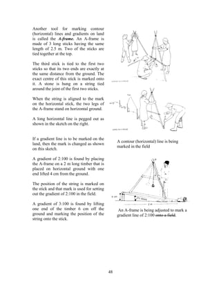 Another tool for marking contour
(horizontal) lines and gradients on land
is called the A-frame. An A-frame is
made of 3 long sticks having the same
length of 2.5 m. Two of the sticks are
tied together at the top.

The third stick is tied to the first two
sticks so that its two ends are exactly at
the same distance from the ground. The
exact centre of this stick is marked onto
it. A stone is hung on a string tied
around the joint of the first two sticks.

When the string is aligned to the mark
on the horizontal stick, the two legs of
the A-frame stand on horizontal ground.

A long horizontal line is pegged out as
shown in the sketch on the right.


If a gradient line is to be marked on the
                                                   A contour (horizontal) line is being
land, then the mark is changed as shown
                                                   marked in the field
on this sketch.

A gradient of 2:100 is found by placing
the A-frame on a 2 m long timber that is
placed on horizontal ground with one
end lifted 4 cm from the ground.

The position of the string is marked on
the stick and that mark is used for setting
out the gradient of 2:100 in the field.

A gradient of 3:100 is found by lifting
one end of the timber 6 cm off the                  An A-frame is being adjusted to mark a
ground and marking the position of the             gradient line of 2:100 onto a field.
string onto the stick.




                                              48
 
