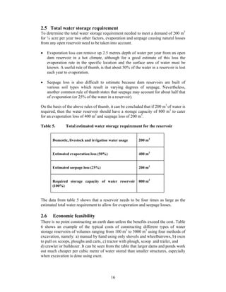 2.5 Total water storage requirement
To determine the total water storage requirement needed to meet a demand of 200 m3
for ¼ acre per year two other factors, evaporation and seepage causing natural losses
from any open reservoir need to be taken into account.

•     Evaporation loss can remove up 2.5 metres depth of water per year from an open
      dam reservoir in a hot climate, although for a good estimate of this loss the
      evaporation rate in the specific location and the surface area of water must be
      known. A useful rule of thumb, is that about 50% of the water in a reservoir is lost
      each year to evaporation.

•     Seepage loss is also difficult to estimate because dam reservoirs are built of
      various soil types which result in varying degrees of seepage. Nevertheless,
      another common rule of thumb states that seepage may account for about half that
      of evaporation (or 25% of the water in a reservoir).

On the basis of the above rules of thumb, it can be concluded that if 200 m3 of water is
required, then the water reservoir should have a storage capacity of 800 m3 to cater
for an evaporation loss of 400 m3 and seepage loss of 200 m3.

Table 5.         Total estimated water storage requirement for the reservoir


         Domestic, livestock and irrigation water usage      200 m3


         Estimated evaporation loss (50%)                    400 m3


         Estimated seepage loss (25%)                        200 m3


         Required storage capacity of water reservoir 800 m3
         (100%)


The data from table 5 shows that a reservoir needs to be four times as large as the
estimated total water requirement to allow for evaporation and seepage losses.

2.6      Economic feasibility
There is no point constructing an earth dam unless the benefits exceed the cost. Table
6 shows an example of the typical costs of constructing different types of water
storage reservoirs of volumes ranging from 100 m3 to 5000 m3 using four methods of
excavation, namely: a) manual by hand using only shovels and wheelbarrows, b) oxen
to pull ox scoops, ploughs and carts, c) tractor with plough, scoop and trailer, and
d) crawler or bulldozer. It can be seen from the table that larger dams and ponds work
out much cheaper per cubic metre of water stored than smaller structures, especially
when excavation is done using oxen.




                                            16
 