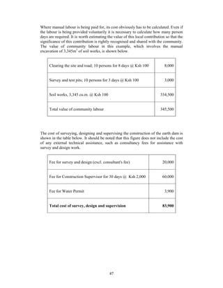 Where manual labour is being paid for, its cost obviously has to be calculated. Even if
the labour is being provided voluntarily it is necessary to calculate how many person
days are required. It is worth estimating the value of this local contribution so that the
significance of this contribution is rightly recognised and shared with the community.
The value of community labour in this example, which involves the manual
excavation of 3,345m3 of soil works, is shown below.


     Clearing the site and road; 10 persons for 8 days @ Ksh 100              8,000


     Survey and test pits; 10 persons for 3 days @ Ksh 100                    3,000


     Soil works, 3,345 cu.m. @ Ksh 100                                     334,500


     Total value of community labour                                       345,500




The cost of surveying, designing and supervising the construction of the earth dam is
shown in the table below. It should be noted that this figure does not include the cost
of any external technical assistance, such as consultancy fees for assistance with
survey and design work.


     Fee for survey and design (excl. consultant's fee)                      20,000


     Fee for Construction Supervisor for 30 days @ Ksh 2,000                 60,000


     Fee for Water Permit                                                     3,900


     Total cost of survey, design and supervision                            83,900




                                           47
 