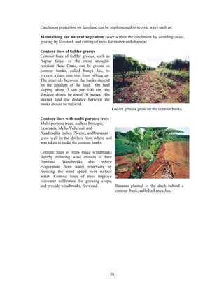 Catchment protection on farmland can be implemented in several ways such as:

Maintaining the natural vegetation cover within the catchment by avoiding over-
grazing by livestock and cutting of trees for timber and charcoal

Contour lines of fodder grasses
Contour lines of fodder grasses, such as
Napier Grass or the more drought-
resistant Bana Grass, can be grown on
contour banks, called Fanya Juu, to
prevent a dam reservoir from silting up.
The intervals between the banks depend
on the gradient of the land. On land
sloping about 3 cm per 100 cm, the
distance should be about 20 metres. On
steeper land the distance between the
banks should be reduced.
                                           Fodder grasses grow on the contour banks.

Contour lines with multi-purpose trees
Multi-purpose trees, such as Prosopis,
Leucaena, Melia Volkensii and
Azadirachta Indica (Neem), and bananas
grow well in the ditches from where soil
was taken to make the contour banks.

Contour lines of trees make windbreaks
thereby reducing wind erosion of bare
farmland. Windbreaks also reduce
evaporation from water reservoirs by
reducing the wind speed over surface
water. Contour lines of trees improve
rainwater infiltration for growing crops,
and provide windbreaks, firewood.         Bananas planted in the ditch behind a
                                          contour bank, called a Fanya Juu.




                                           59
 