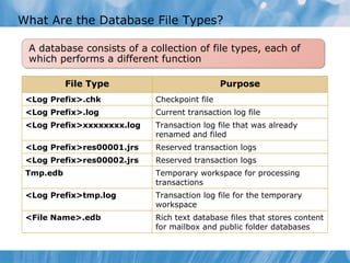 What Are the Database File Types? A database consists of a collection of file types, each of which performs a different function File Type Purpose <Log Prefix>.chk Checkpoint file <Log Prefix>.log Current transaction log file <Log Prefix>xxxxxxxx.log Transaction log file that was already renamed and filed <Log Prefix>res00001.jrs Reserved transaction logs <Log Prefix>res00002.jrs Reserved transaction logs Tmp.edb Temporary workspace for processing transactions <Log Prefix>tmp.log Transaction log file for the temporary workspace <File Name>.edb Rich text database files that stores content for mailbox and public folder databases 
