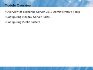 Module Overview Overview of Exchange Server 2010 Administrative Tools Configuring Mailbox Server Roles Configuring Public Folders 
