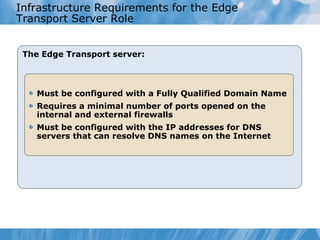 Infrastructure Requirements for the Edge
Transport Server Role


 The Edge Transport server:



    Must be configured with a Fully Qualified Domain Name
    Requires a minimal number of ports opened on the
    internal and external firewalls
    Must be configured with the IP addresses for DNS
    servers that can resolve DNS names on the Internet
 