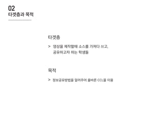 영상을 제작할때 소스를 가져다 쓰고,
공유하고자 하는 학생들
타겟층
목적
>
> 정보공유방법을 알려주어 올바른 CCL을 이용
타겟층과 목적
02
 
