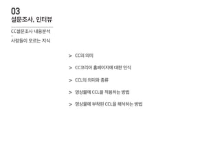 CC의 의미>
CC코리아 홈페이지에 대한 인식>
CCL의 의미와 종류>
영상물에 CCL을 적용하는 방법>
영상물에 부착된 CCL을 해석하는 방법>
03
CC설문조사 내용분석
-
사람들이 모르는 지식
설문조사, 인터뷰
 