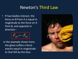 Newton’s Third Law
• If two bodies interact, the
force on B from A is equal in
magnitude to the force on A
from B, and opposite in
direction :
In the example shown here,
the glove suffers a force
exactly equal in magnitude
to that felt by the face.
AB BA
F F
= −
 
 