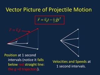 Vector Picture of Projectile Motion
Position at 1 second
intervals (notice it falls
below red straight line:
the g =0 trajectory).
Velocities and Speeds at
1 second intervals.
2
1
0 2
r v t gt
= −
  
0
r v t
=
 
 
