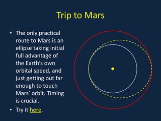 Trip to Mars
• The only practical       • a
  route to Mars is an
  ellipse taking initial
  full advantage of
  the Earth’s own
  orbital speed, and
  just getting out far
  enough to touch
  Mars’ orbit. Timing
  is crucial.
• Try it here.
 