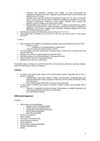 o   Transitory type syndrome: moderate fever lasting 2–4 days accompanied by
                 inappetence, impaired locomotion, congested or jaundiced mucosa; most commonly with
                 swift recovery of 2–3 days
            o Lethargic type syndrome: variable febrile periods (as high as 41°C), with a pronounced
                 stupor, bruxism and chewing motions, difficulty in swallowing, petechiation of mucosa,
                 advanced incoordination, evidence of neck rigidity, impaired vision, paresis and
                 paralysis; recovery usually occurs within about a week
            o Hyperexcitable type syndrome: high fevers (41°C or higher) accompanied by profuse
                 sweating and muscle tremors, aimless wandering, behavioural changes manifested by
                 aggression, loss of vision, collapse, coma and death; neurologic sequelae may result;
                 5% mortality in horses (up to 30%)
    •   Morbidity rates reported from field cases vary from less than 1% to 1.4 %
    •   Case fatality rate in outbreaks can vary from 5 to 15% but can reach 30–40% in more severe
        epizootics

    In Swine:

    •   Most commonly JE manifests as a reproductive disease; reproductive losses can reach 50–70%
             o abortions in sows
                            stillbirths or mummified foetuses; usually at term
             o reduced number and motility of sperm in boars
    •   Live born piglets most often demonstrate neurologic signs of tremors and convulsions and may
        die soon after birth
    •   Mortality in non-immune, infected piglets can approach 100%
    •   Mild febrile disease or subclinical disease in non-pregnant females
    •   Natural infection results in long lasting immunity
    •   Mortality rate is near zero in adult swine

Case fatality rates in humans can reach 25% and 50% of cases result in permanent neurologic damage;
psychiatric disturbances, ataxia, and catatonia

Lesions

    •   In horses, post-mortem gross lesions of the central nervous system associated with JE are, in
        general, nonspecific
            o histopathologic examination reveals a diffuse non-suppurative encephalomyelitis with
                 apparent perivascular cuffing; phagocytic destruction of nerve cells, perivascular cuffing
                 and focal gliosis
            o blood vessels appear dilated with numerous mononuclear cells
    •   In swine, litters of infected sows contain mummified or stillborn fetuses; some foetuses dark in
        appearance
            o evidence of congenital neurologic damage; hydrocephalus, cerebellar hypoplasia and
                 spinal hypomyelinogenesis observed in some litters
            o also subcutaneous oedema

Differential diagnosis

In Horses:

    •   Other equine viral encephalitides
             o Western equine encephalitis (WEE)
             o Eastern equine encephalitis (EEE)
             o Venezuelan equine encephalitis (VEE)
             o Murray Valley encephalitis
             o West Nile encephalitis
    •   African horse sickness
    •   Borna disease
    •   Viral equine rhinopneumonitis
    •   Equine infectious anaemia
    •   Acute babesiosis
    •   Equine herpes myelencephalopathy
    •   Hepatic encephalopathy
    •   Rabies


                                                                                                         3
 