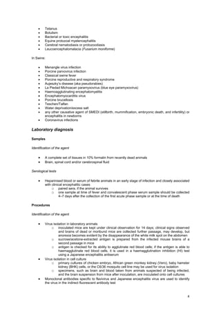 •    Tetanus
    •    Botulism
    •    Bacterial or toxic encephalitis
    •    Equine protozoal myelencephalitis
    •    Cerebral nematodiasis or protozoodiasis
    •    Leucoencephalomalacia (Fusarium moniforme)

In Swine:

    •    Menangle virus infection
    •    Porcine parvovirus infection
    •    Classical swine fever
    •    Porcine reproductive and respiratory syndrome
    •    Aujeszky’s disease (aka pseudorabies)
    •    La Piedad Michoacan paramyxovirus (blue eye paramyxovirus)
    •    Haemoagglutinating encephalomyelitis
    •    Encephalomyocarditis virus
    •    Porcine brucellosis
    •    Teschen/Talfan
    •    Water deprivation/excess salt
    •    any other causative agent of SMEDI (stillbirth, mummification, embryonic death, and infertility) or
         encephalitis in newborns
    •    Coronavirus infections

Laboratory diagnosis

Samples

Identification of the agent

    •    A complete set of tissues in 10% formalin from recently dead animals
    •    Brain, spinal cord and/or cerebrospinal fluid

Serological tests

    •    Heparinised blood or serum of febrile animals in an early stage of infection and closely associated
         with clinical encephalitic cases
              o paired sera, if the animal survives
              o one sample at time of fever and convalescent phase serum sample should be collected
                   4–7 days after the collection of the first acute phase sample or at the time of death

Procedures

Identification of the agent

    •    Virus isolation in laboratory animals
              o inoculated mice are kept under clinical observation for 14 days; clinical signs observed
                   and brains of dead or moribund mice are collected further passage, may develop, but
                   anorexia becomes evident by the disappearance of the white milk spot on the abdomen
              o sucrose/acetone-extracted antigen is prepared from the infected mouse brains of a
                   second passage in mice
              o antigen is checked for its ability to agglutinate red blood cells; if the antigen is able to
                   haemagglutinate red blood cells, it is used in a haemagglutination inhibition (HI) test
                   using a Japanese encephalitis antiserum
    •    Virus isolation in cell culture
              o primary cultures of chicken embryo, African green monkey kidney (Vero), baby hamster
                   kidney (BHK) cells, or the C6/36 mosquito cell line may be used for virus isolation
              o specimens, such as brain and blood taken from animals suspected of being infected,
                   and the brain suspension from mice after inoculation, are inoculated onto cell cultures
    •    Monoclonal antibodies specific to flavivirus and Japanese encephalitis virus are used to identify
         the virus in the indirect fluorescent antibody test



                                                                                                          4
 