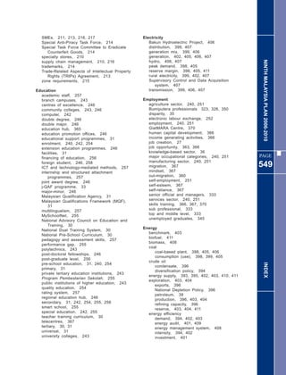 SMEs, 211, 213, 216, 217                         Electricity
  Special Anti-Piracy Task Force, 214                 Bakun Hydroelectric Project, 406
  Special Task Force Committee to Eradicate           distribution, 399, 407
     Counterfeit Goods, 214                           generation mix, 399, 406
  specialty stores, 210                               generation, 402, 405, 406, 407




                                                                                                    NINTH MALAYSIA PLAN 2006-2010
  supply chain management, 210, 216                   hydro, 406, 407
  trademarks, 214                                     peak demand, 398, 405
  Trade-Related Aspects of Intellectual Property      reserve margin, 398, 405, 411
     Rights (TRIPs) Agreement, 213                    rural electricity, 399, 402, 407
  zone requirements, 215                              Supervisory Control and Data Acquisition
                                                         system, 407
Education                                             transmission, 399, 406, 407
  academic staff, 257
  branch campuses, 243                             Employment
  centres of excellence, 246                         agriculture sector, 240, 251
  community colleges, 243, 246                       Bumiputera professionals 323, 326, 350
  computer, 242                                      disparity, 35
  double degree, 246                                 electronic labour exchange, 252
  double major, 246                                  employment, 240, 251
  education hub, 365                                 GiatMARA Centre, 370
  education promotion offices, 246                   human capital development, 366
  educational support programmes, 31                 income generating activities, 366
  enrolment, 240, 242, 254                           job creation, 27
  extension education programmes, 246                job opportunity, 363, 366
  facilities, 31                                     knowledge-based sector, 36
  financing of education, 256                        major occupational categories, 240, 251       PAGE
                                                     manufacturing sector, 240, 251
  foreign student, 246, 258
  ICT and technology-mediated methods, 257           migration, 367                                549
  internship and structured attachment               mindset, 367
      programmes, 257                                out-migration, 360
  joint award degree, 246                            self-employment, 251
  j-QAF programme, 33                                self-esteem, 367
  major-minor, 246                                   self-reliance, 367
  Malaysian Qualification Agency, 31                 senior official and managers, 333
  Malaysian Qualifications Framework (MQF),          services sector, 240, 251
      31                                             skills training, 366, 367, 370
  multilingualism, 257                               sub professional, 333
  MySchoolNet, 255                                   top and middle level, 333
  National Advisory Council on Education and         unemployed graduates, 345
      Training, 30
                                                   Energy
  National Dual Training System, 30
                                                     benchmark, 403
  National Pre-School Curriculum, 30
                                                     biofuel, 411
  pedagogy and assessment skills, 257
                                                     biomass, 408
  performance gap, 255
                                                     coal
  polytechnics, 243
                                                        coal-based plant, 398, 405, 406
  post-doctoral fellowships, 246
                                                        consumption (use), 398, 399, 405
  post-graduate level, 256
                                                     crude oil
  pre-school education, 31, 240, 254                                                                 INDEX
                                                        condensate, 396
  primary, 31
                                                        diversification policy, 394
  private tertiary education institutions, 243
                                                     energy supply, 393, 395, 402, 403, 410, 411
  Program Pembestarian Sekolah, 255
                                                     exploration, 403, 404
  public institutions of higher education, 243
                                                        exports, 396
  quality education, 254
                                                        National Depletion Policy, 396
  rating system, 257
                                                        petroleum, 39
  regional education hub, 246
                                                        production, 396, 403, 404
  secondary, 31, 242, 254, 255, 256                     refining capacity, 396
  smart school, 255                                     reserve, 403, 404, 411
  special education, 242, 255                        energy efficiency
  teacher training curriculum, 30                       demand, 394, 402, 403
  telecentres, 367                                      energy audit, 401, 409
  tertiary, 30, 31                                      energy management system, 408
  universal, 31                                         intensity, 394, 402
  university colleges, 243                              investment, 401
 