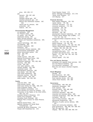 price, 402, 409, 411                           Pusat Rujukan Sosial, 313
         gas                                               Rukun Tetangga Committees,     312, 318
            demand, 394, 397, 404                          Taman Sinar Harapan, 311
            exports, 397                                   Unit Mayang, 317
            liquefied natural gas, 397
            liquefied petroleum gas, 401                Financial Services
            Natural Gas Distribution System,   397,        Bank Negara Malaysia, 183, 190
                404                                        capital market, 178, 186
            natural gas for vehicles, 404                  consumer education, 173, 181
            production, 397                                consumer protection, 173, 185
            reserve, 397, 411                              co-perative, 180, 190
                                                           Danaharta, 173, 191
       Environmental Management                            Danamodal, 173, 191
         air pollutants, 459                               derivative, 180, 188
         Air Pollution Index, 454                          development financial institutions, 177, 185
         air quality, 454, 459, 463                        Financial Sector Master Plan (FSMP), 171,
         awareness raising, 460                                172, 181, 182, 191
         better farming practices, 455                     government-linked companies (GLCs), 179,
         chemical and hazardous substances, 455,               187
             460                                           insurance, 173, 177, 184, 185, 186
         cleaner technology, 460, 463                      Islamic banking, 176, 182, 184
         eco-labelling, 460                                Islamic capital market, 179, 180, 184, 186
         emission standards, 459                           Labuan International Offshore Financial
         emissions, 454                                        Centre, 180, 182, 189, 190
         environment friendly materials, 460               liberalisation, 171, 176, 182, 186, 191
PAGE     environmental sustainability, 453                 non-performing loans, 174
         global harmonised system, 460                     provident and pension fund, 179, 189
550      haze, 454, 459
         LCA, 460
                                                           Takaful, 177, 180, 182, 184, 185, 190
                                                           unit trust, 179
         mobile sources, 454, 459
                                                           venture capital, 179, 183
         National Environment Policy, 454
         polluted rivers, 455, 459
                                                        Fire and Rescue Services
         preventive measures, 453, 458, 463
                                                           strengthen and upgrade these services, 444
         recycling, 455, 460
                                                           Fire and Rescue Academy, 451
         re-use, 455, 460
                                                           Fire prevention campaigns, 451
         river water pollution, 454
         sanitary landfills, 455, 460                      More fire and rescue volunteer brigades,
         scheduled waste, 455                                  451
         self-regulatory measures, 460
         solid waste, 455, 460, 463                     Flood Mitigation
         solid waste department, 460                       barrage, 381
         stationary sources, 454, 459                      flood diversions, 381, 389
         sulphur content, 454, 459                         floodplain management, 389
         water quality, 454, 459, 463                      flood retention ponds, 381, 389
                                                           reduce flood hazards, 381, 389
       Family
         Child Act 2001, 309                            Governance
         Child Activity Centre, 309                       accountability, 489, 490, 491
         Child Care Centre Act 1984, 309, 316             awareness campaigns, 489
         Child Protection Teams, 309                      build capacity, 489
         Child Welfare Committees, 315                    business ethics, 485, 486, 489
         Court Advisors for Court for Children, 315       compliance, 487, 490
         Convention of the Rights of the Child (CRC),     community education, 488, 490
            309, 310, 315                                 corporate and business ethics, 489
         Disabled Worker’s Allowance, 310                 corporate governance, 485, 486, 487, 489
         Family First Campaign, 308                       corruption, 488, 491
         Kompleks Kasih Keluarga, 308
                                                          cost of doing business, 485, 491
         National Plan of Action for Older Persons,
                                                          educational programmes, 489
            311
                                                          efficiency of public service delivery, 486,
         National Social Policy, 313
                                                              491
         National Standard for Social Work
                                                          family and community institution, 489
            Competencies, 319
                                                          good governance, 485, 486, 487, 488, 491
         Parenting @ Work Programme, 314
                                                          high risk agencies, 490
         People with Disabilities Act, 316
                                                          integrity, 485, 487, 488, 489, 490, 491
 