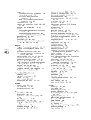 programme                                          business to business (B2B), 137, 150
              food safety and quality programmes, 416        business to consumer (B2C), 137, 150
              nutrition programmes, 416                      Community Knowledge Centres, 145
              occupational safety and health                 computer forensics, 140
                  programme, 415                             content development, 133, 135, 139, 148,
              water supply and environmental health              149, 151
                  programme, 416, 428                        cybercities, 145, 146, 148, 154
          rehabilitative care, 428                           Cyberjaya, 146, 149
          research and development (R&D), 422, 423,          Demonstrator Application Grant Scheme
              432, 434                                           (DAGS), 141
          secondary and tertiary care, 418, 429              e-Government, 147
          system                                             e-learning, 367
              communicable disease control information       e-learning blueprint, 152, 140
                  system, 415                                Electronic Transaction Bill, 137
              hospital information system (HIS), 433         Electronic Government Activities Bill, 137
                  total hospital information system, 423     geographical information system (GIS), 141
          teleconsultation, 423, 433                         Government Multipurpose Card (GMPC), 147
          Telehealth, 423, 433                               ICT workforce, 151
          Teleprimary Care, 424, 433                         information security, 133, 141, 151, 152,
          traditional and complementary medicine (T/             153
              CM), 423, 428, 431, 432, 434                   infostructure, 133, 140, 155
                                                             intellectual capital, 152
       Housing                                               intellectual property, 149
         Program Perumahan Mampu Milik, 438, 440             Internet service, 134, 153
         Program Perumahan Mesra Rakyat, 438,                Internet subscription, 37
PAGE        446                                              Malaysian Information, Communications and
         Tribunal For Homebuyer Claims, 438                      Multimedia Services (MyICMS), 134, 143
552      The Housing Development Act (Control and            Medan InfoDesa, 138
            Licensing) 1966, 438                             MSC applications, 137, 146, 147
         low-cost-houses, 438, 440, 445, 446, 447            MSC Creative Applications and Development
         low-medium-cost-houses, 446, 447                        Centre (CADC), 139
         medium and high-costs-houses, 440, 445              MSC-Status, 136, 138, 145, 146
         Penyatuan Semula Kampung, 441, 447                  National ICT Security and Emergency
         Pusat Pertumbuhan Desa dan Pembangunan                  Response Centre (NISER), 140, 153
            Bersepadu Desa Terpencil, 441, 447               Personal Data Protection Bill, 137
         quarters, 441, 448, 451, 452                        SchoolNet, 140, 147, 153
         landscape master plans, 442, 451                    shared services and outsourcing (SSO),
         Upgrading Status of Local Authorities, 442              136, 148, 150, 154
         Facilities and Infrastructure, 443                  technopreneur development, 148
                                                             telecentre, 138, 145, 153
       Human Capital Development                             telehealth, 137, 147
         coverage, 259                                       teleworking, 144
         high performance culture, 259                       test-bed, 146, 147
         holistic, 237, 259                                  Universal Service Provision (USP), 134,
         Islam Hadhari, 237, 259                                 138, 145
         strong morals and ethics, 259, 261                  value creation, 144, 149
                                                             voice over IP (VoIP), 134, 135
       Income
          Disparity ratio, 332, 340                        Industry
          Gini coefficient, 332, 333                          air linkages, 362, 369
          Middle-income group, 345                            beef valley, 364
                                                              biotechnological industry, 27
       ICT                                                    business transaction, 369
          accreditation, 149, 152                             Custom Immigration and Quarantine (CIQ),
          acculturation, 140, 152                                 362, 369
          applications service provider (ASP), 134,           digital content industry, 27
              139                                             electrical and electronic industry, 26
          Bill of Guarantees, 142, 145                        halal hub, 364, 365
          bioinformatics, 148, 150, 151                       halal livestock, 369
          bridging the digital divide (BDD), 138, 144,        hi-tech park,    364
              153                                             ICT industry, 27
          broadband network, 143                              Integrated Deep Sea Fishing Complex, 365
          broadband services, 134, 143                        knowledge workers, 31
          broadcasting, 134, 143, 148, 149                    local workers, 27
 