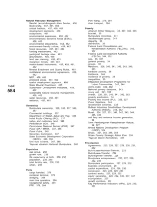 Natural Resource Management                       Port Klang, 379, 384
         Bandar Lestari-Anugerah Alam Sekitar, 458       river transport, 384
         Biodiversity, 457, 461, 463
         critical habitats, 457, 459, 461              Poverty
         development standards, 456                      Amanah Ikhtiar Malaysia, 34, 327, 342, 345
         ecosystems, 461                                 bracket, 35
         environmental awareness, 458, 462               Bumiputera minorities, 331
         environmentally Sensitive Areas (ESAs),         disadvantaged group, 341
             456, 460                                    disparity, 35
         environmental stewardship, 453, 462             distribution, 35
         environment-friendly culture, 459, 462          Federal Land Consolidation and
         forest resources, 457, 461, 463                     Rehabilitation Authority (FELCRA), 343,
         funding mechanisms, 462                             352
         geological heritage sites, 461                  Federal Land Development Authority
         groundwater, 456, 459                               (FELDA), 344, 352
         land use planning, 456, 453                     gap, 35, 331
         mangrove forests, 457, 461                      general poverty, 34
         market-based instruments, 457, 459, 461,        groups, 38
             462                                         Hardcore, 326, 340, 341, 342, 343, 345,
         Mineral Enactment and Quarry Rules, 461             353
         multilateral environmental agreements, 458,     hardcore poverty, 34
             462                                         Incidence, 344
         NPP, 456, 460                                   incidence of poverty, 34
         protected areas, 457, 462                       inequalities, 35
         spatial development approach, 460               Integrated Development Programme for
         State Mineral Enactment, 457                        Urban Communities, 342, 344
PAGE                                                     micro-credit, 342, 332
         Sustainable Development Indicators, 459,
                                                         National poverty database, 343
554          462
         sustainable natural resource management,        orang asli, 341, 332
             458, 463                                    overall, 326, 331, 340, 341, 342, 353
         water resources, 456, 461                       poverty eradication, 34
         wetlands, 457, 461                              Poverty line income (PLI), 326, 327
                                                         Pusat Sejahtera, 344
       Ownership                                         resettlement schemes, 332
         Bumiputera ownership, 326, 336, 337, 340,       Rubber Industries Smallholders Development
             347                                             Authority (RISDA), 343, 352
         Commercial buildings, 337                       Rural, 324, 327, 331, 341, 342, 343, 344,
         Department of Wakaf, Zakat and Haji, 348            345, 346
         Initial Public Offering (IPO), 337              self help and enhance income generation,
         native and customary land, 348                      34
         Perbadanan UDA, 348                             Skim Pembangunan Kesejahteraan Rakyat,
                                                             34, 327
         Permodalan Nasional Berhad (PNB), 347
                                                         United Nations Development Program
         Pusat GIAT MARA, 337, 348
                                                             (UNDP), 324
         Pusat Putra, 348
                                                         Urban, 331, 343, 344, 351
         Securities Commision, 337
                                                         Urban Poverty Strategic Action Plan 334
         State Economic Development Corporation
                                                         Yayasan Basmi Kemiskinan, 327
             (SEDC), 349, 350
         Unit trust scheme, 347, 348
                                                       Privatization
         Yayasan Amanah Hartanah Bumiputera, 348
                                                          Agreements, 223, 226, 227, 229, 230, 231,
                                                             232
       Population
                                                          Build-Lease-Maintain-Transfer, 223
         age group, 250
                                                          Build-Lease-Transfer, 224
         growth rate, 238
                                                          Build-Operate-Transfer, 225
         life expectancy at birth, 238, 250
                                                          Bumiputera entrepreneurs, 223, 227, 228,
         population, 238, 250                                232, 233
         total fertility rate, 238, 250                   Bumiputera participation, 227, 229, 232
         urban, 250                                       business environment, 28
                                                          capital expenditure, 224, 226, 230
       Ports                                              concession, 223, 226, 229, 230
         cargo handled, 379                               contract works, 227, 228, 232
         container terminal, 379                          equity ownership, 228, 232, 336, 337, 347
         dredging, 384                                    expropriation, 227
         main line operators, 384                         growth corridors, 28
         navigational safety, 384                         Key Performance Indicators (KPIs), 229, 230,
         PTP, 379, 384                                       232
 