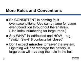 More Rules and Conventions

        Be CONSISTENT in naming fault
        events/conditions. Use same name for same
        event/condition throughout the analysis.
        (Use index numbering for large trees.)
        Say WHAT failed/faulted and HOW – e.g.,
        “Switch Sw-418 contacts fail closed”
        Don’t expect miracles to “save” the system.
        Lightning will not recharge the battery. A
        large bass will not plug the hole in the hull.
14
8671
 