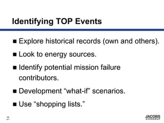 Identifying TOP Events

        Explore historical records (own and others).
        Look to energy sources.
        Identify potential mission failure
        contributors.
        Development “what-if” scenarios.
        Use “shopping lists.”
16
8671
 