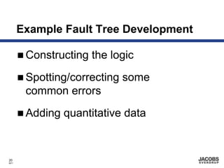 Example Fault Tree Development

        Constructing the logic
        Spotting/correcting some
        common errors
        Adding quantitative data


20
8671
 