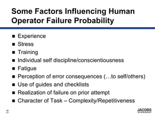 Some Factors Influencing Human
       Operator Failure Probability
        Experience
        Stress
        Training
        Individual self discipline/conscientiousness
        Fatigue
        Perception of error consequences (…to self/others)
        Use of guides and checklists
        Realization of failure on prior attempt
        Character of Task – Complexity/Repetitiveness
39
8671
 