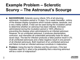 Example Problem – Sclerotic
       Scurvy – The Astronaut’s Scourge
        BACKGROUND: Sclerotic scurvy infects 10% of all returning
        astronauts. Incubation period is 13 days. For a week thereafter, victims
        of the disease display symptoms which include malaise, lassitude, and
        a very crabby outlook. A test can be used during the incubation period
        to determine whether an astronaut has been infected. Anti-toxin
        administered during the incubation period is 100% effective in
        preventing the disease when administered to an infected astronaut.
        However, for an uninfected astronaut, it produces disorientation,
        confusion, and intensifies all undesirable personality traits for about
        seven days. The test for infection produces a false positive result in 2%
        of all uninfected astronauts and a false negative result in one percent
        of all infected astronauts. Both treatment of an uninfected astronaut
        and failure to treat an infected astronaut constitute in malpractice.
        Problem: Using the test for infection and the anti-toxin, if the test
        indicates need for it, what is the probability that a returning astronaut
        will be a victim of malpractice?

52
8671
 