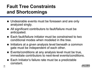 Fault Tree Constraints
       and Shortcomings
        Undesirable events must be foreseen and are only
        analyzed singly.
        All significant contributors to fault/failure must be
        anticipated.
        Each fault/failure initiator must be constrained to two
        conditional modes when modeled in the tree.
        Initiators at a given analysis level beneath a common
        gate must be independent of each other.
        Events/conditions at any analysis level must be true,
        immediate contributors to next-level events/conditions.
        Each Initiator’s failure rate must be a predictable
        constant.
89
8671
 