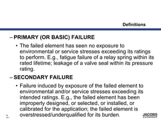 Definitions

       – PRIMARY (OR BASIC) FAILURE
        • The failed element has seen no exposure to
          environmental or service stresses exceeding its ratings
          to perform. E.g., fatigue failure of a relay spring within its
          rated lifetime; leakage of a valve seal within its pressure
          rating.
       – SECONDARY FAILURE
        • Failure induced by exposure of the failed element to
          environmental and/or service stresses exceeding its
          intended ratings. E.g., the failed element has been
          improperly designed, or selected, or installed, or
          calibrated for the application; the failed element is
9
8671
          overstressed/underqualified for its burden.
 