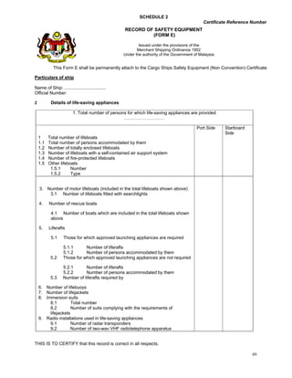 SCHEDULE 2
                                                                                             Certificate Reference Number
                                                   RECORD OF SAFETY EQUIPMENT
                                                            (FORM E)

                                                          Issued under the provisions of the
                                                         Merchant Shipping Ordinance 1952
                                                  Under the authority of the Government of Malaysia
                                                                        
            This Form E shall be permanently attach to the Cargo Ships Safety Equipment (Non Convention) Certificate

Particulars of ship

Name of Ship: .................................
Official Number:

2         Details of life-saving appliances

                         1. Total number of persons for which life-saving appliances are provided
                                                  ………………………

                                                                                         Port Side    Starboard
                                                                                                      Side
  1     Total number of lifeboats
  1.1   Total number of persons accommodated by them
  1.2   Number of totally enclosed lifeboats
  1.3   Number of lifeboats with a self-contained air support system
  1.4   Number of fire-protected lifeboats
  1.5   Other lifeboats
         1.5.1      Number
         1.5.2      Type


   3. Number of motor lifeboats (included in the total lifeboats shown above)
       3.1 Number of lifeboats fitted with searchlights

   4.    Number of rescue boats

          4.1 Number of boats which are included in the total lifeboats shown
          above

   5.    Liferafts

          5.1     Those for which approved launching appliances are required

                  5.1.1      Number of liferafts
                  5.1.2      Number of persons accommodated by them
          5.2     Those for which approved launching appliances are not required

                  5.2.1      Number of liferafts
                  5.2.2      Number of persons accommodated by them
          5.3     Number of liferafts required by

  6. Number of lifebuoys
  7. Number of lifejackets
  8. Immersion suits
       8.1         Total number
       8.2         Number of suits complying with the requirements of
       lifejackets
  9. Radio installations used in life-saving appliances
       9.1         Number of radar transponders
       9.2         Number of two-wav VHF radiotelephone apparatus


THIS IS TO CERTIFY that this record is correct in all respects.

                                                                                                                  49
 