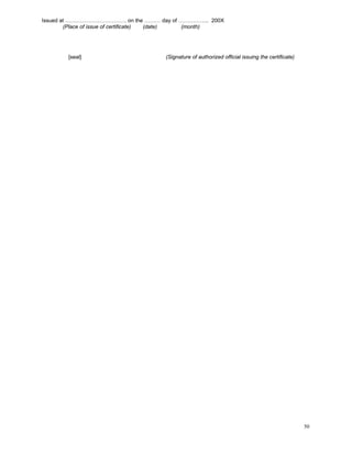 Issued at ……………………………. on the ……… day of …………….. 200X
        (Place of issue of certificate) (date) (month)




       [seal]                       (Signature of authorized official issuing the certificate)




                                                                                                 50
 