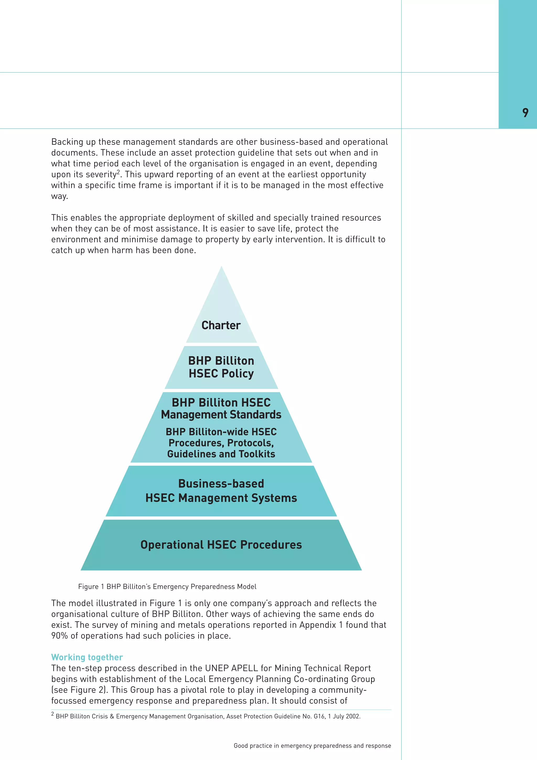 9

Backing up these management standards are other business-based and operational
documents. These include an asset protection guideline that sets out when and in
what time period each level of the organisation is engaged in an event, depending
upon its severity2. This upward reporting of an event at the earliest opportunity
within a specific time frame is important if it is to be managed in the most effective
way.

This enables the appropriate deployment of skilled and specially trained resources
when they can be of most assistance. It is easier to save life, protect the




                                                   Charter
environment and minimise damage to property by early intervention. It is difficult to
catch up when harm has been done.




                                               BHP Billiton
                                               HSEC Policy

                                      BHP Billiton HSEC
                                     Management Standards




                                     Business-based
                                       BHP Billiton-wide HSEC




                                HSEC Management Systems
                                       Procedures, Protocols,
                                       Guidelines and Toolkits




                              Operational HSEC Procedures



The model illustrated in Figure 1 is only one company’s approach and reflects the
organisational culture of BHP Billiton. Other ways of achieving the same ends do
exist. The survey of mining and metals operations reported in Appendix 1 found that
90% of operations had such policies in place.
         Figure 1 BHP Billiton’s Emergency Preparedness Model




Working together
The ten-step process described in the UNEP APELL for Mining Technical Report
begins with establishment of the Local Emergency Planning Co-ordinating Group
(see Figure 2). This Group has a pivotal role to play in developing a community-
focussed emergency response and preparedness plan. It should consist of
2 BHP Billiton Crisis & Emergency Management Organisation, Asset Protection Guideline No. G16, 1 July 2002.




                                                               Good practice in emergency preparedness and response
 