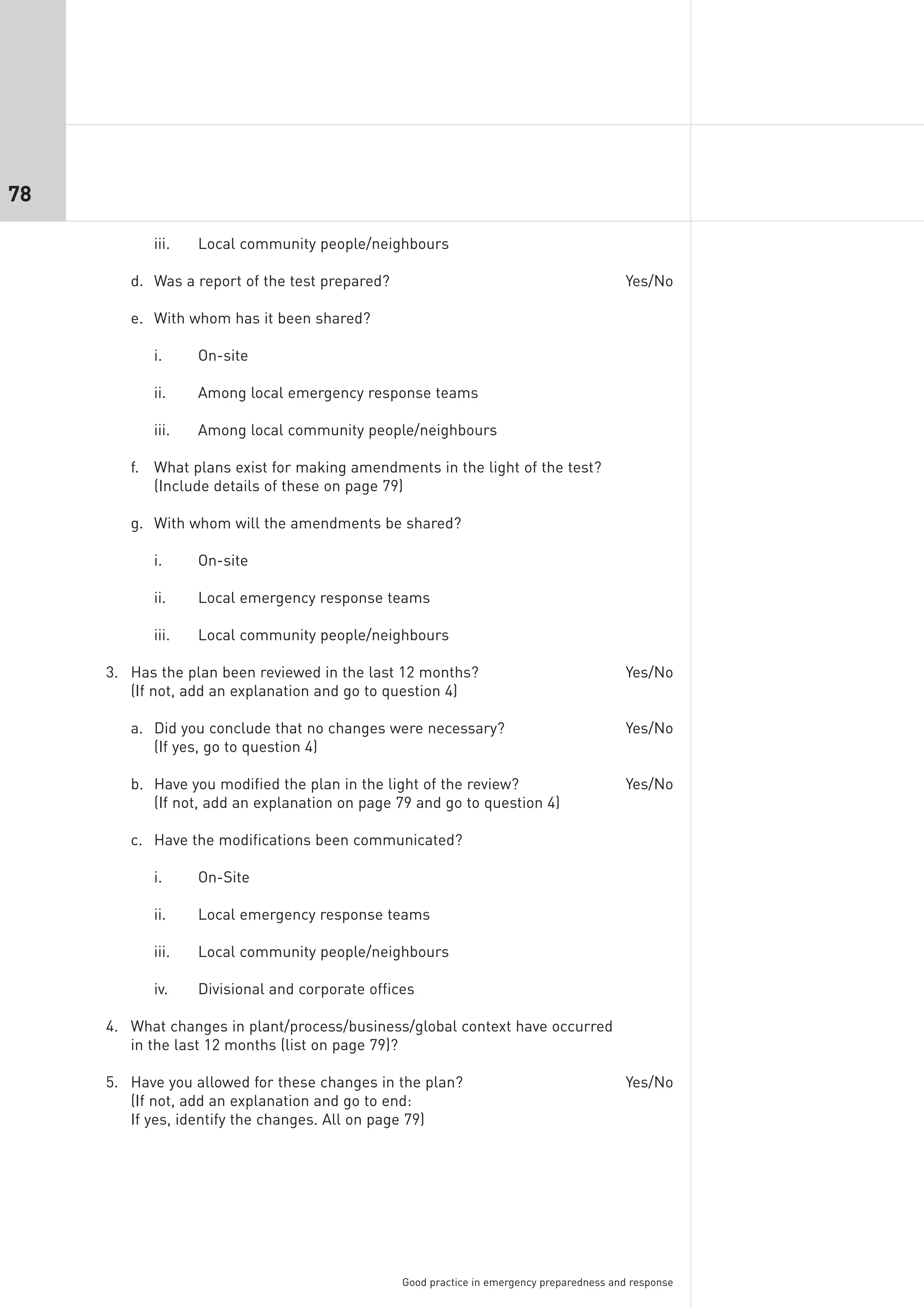 78

           iii.   Local community people/neighbours

        d. Was a report of the test prepared?                                             Yes/No

        e. With whom has it been shared?

           i.     On-site

           ii.    Among local emergency response teams

           iii.   Among local community people/neighbours

        f. What plans exist for making amendments in the light of the test?
           (Include details of these on page 79)

        g. With whom will the amendments be shared?

           i.     On-site

           ii.    Local emergency response teams

           iii.   Local community people/neighbours

     3. Has the plan been reviewed in the last 12 months?                                 Yes/No
        (If not, add an explanation and go to question 4)

        a. Did you conclude that no changes were necessary?                               Yes/No
           (If yes, go to question 4)

        b. Have you modified the plan in the light of the review?                         Yes/No
           (If not, add an explanation on page 79 and go to question 4)

        c. Have the modifications been communicated?

           i.     On-Site

           ii.    Local emergency response teams

           iii.   Local community people/neighbours

           iv.    Divisional and corporate offices

     4. What changes in plant/process/business/global context have occurred
        in the last 12 months (list on page 79)?

     5. Have you allowed for these changes in the plan?                                   Yes/No
        (If not, add an explanation and go to end:
        If yes, identify the changes. All on page 79)




                                                Good practice in emergency preparedness and response
 
