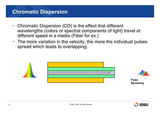 Chromatic Dispersion
 Chromatic Dispersion (CD) is the effect that different
wavelengths (colors or spectral components of light) travel at
different speed in a media (Fiber for ex.)
 The more variation in the velocity, the more the individual pulses
spread which leads to overlapping.
© 2007 JDSU. All rights reserved.
12
Pulse
Spreading
 