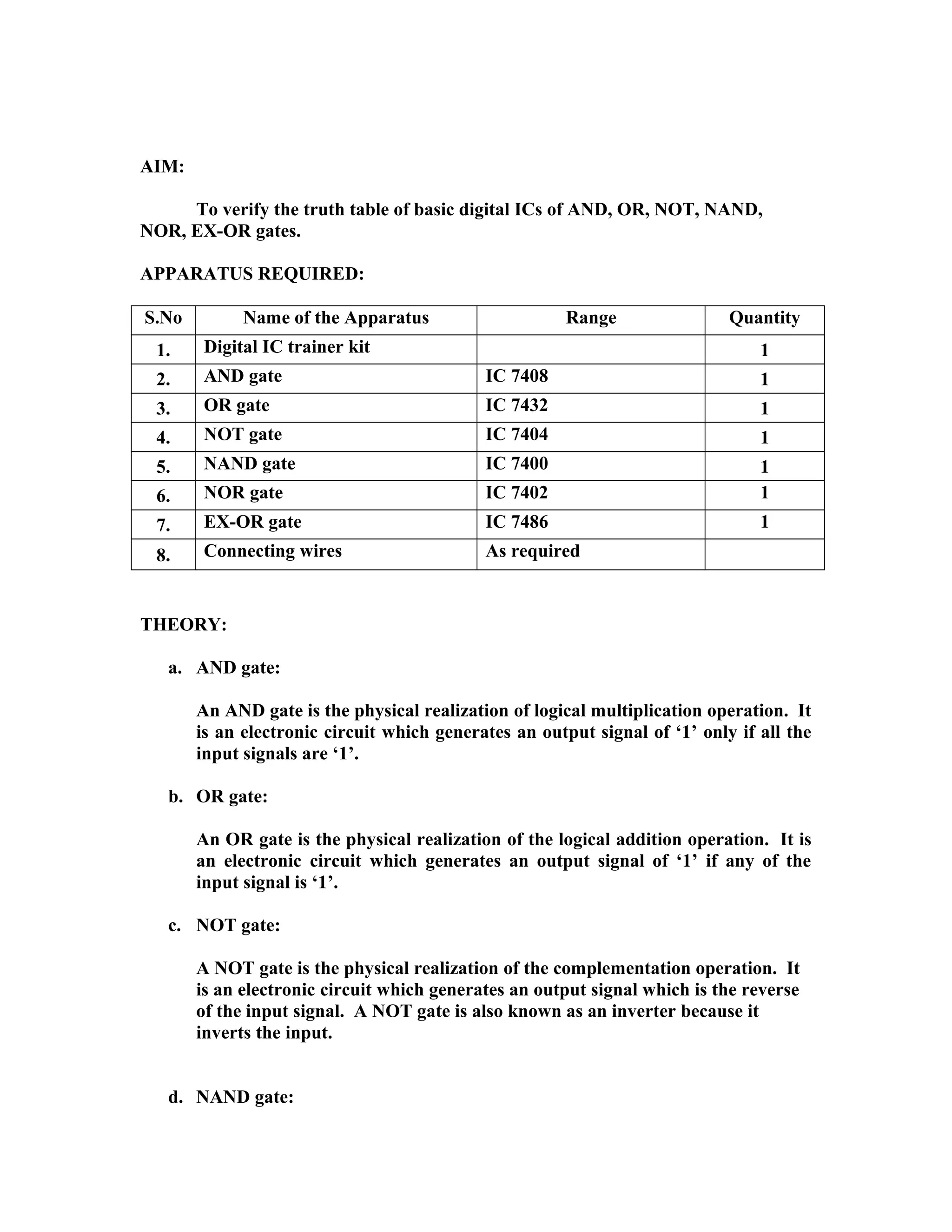 AIM:
To verify the truth table of basic digital ICs of AND, OR, NOT, NAND,
NOR, EX-OR gates.
APPARATUS REQUIRED:
S.No Name of the Apparatus Range Quantity
1. Digital IC trainer kit 1
2. AND gate IC 7408 1
3. OR gate IC 7432 1
4. NOT gate IC 7404 1
5. NAND gate IC 7400 1
6. NOR gate IC 7402 1
7. EX-OR gate IC 7486 1
8. Connecting wires As required
THEORY:
a. AND gate:
An AND gate is the physical realization of logical multiplication operation. It
is an electronic circuit which generates an output signal of ‘1’ only if all the
input signals are ‘1’.
b. OR gate:
An OR gate is the physical realization of the logical addition operation. It is
an electronic circuit which generates an output signal of ‘1’ if any of the
input signal is ‘1’.
c. NOT gate:
A NOT gate is the physical realization of the complementation operation. It
is an electronic circuit which generates an output signal which is the reverse
of the input signal. A NOT gate is also known as an inverter because it
inverts the input.
d. NAND gate:
 
