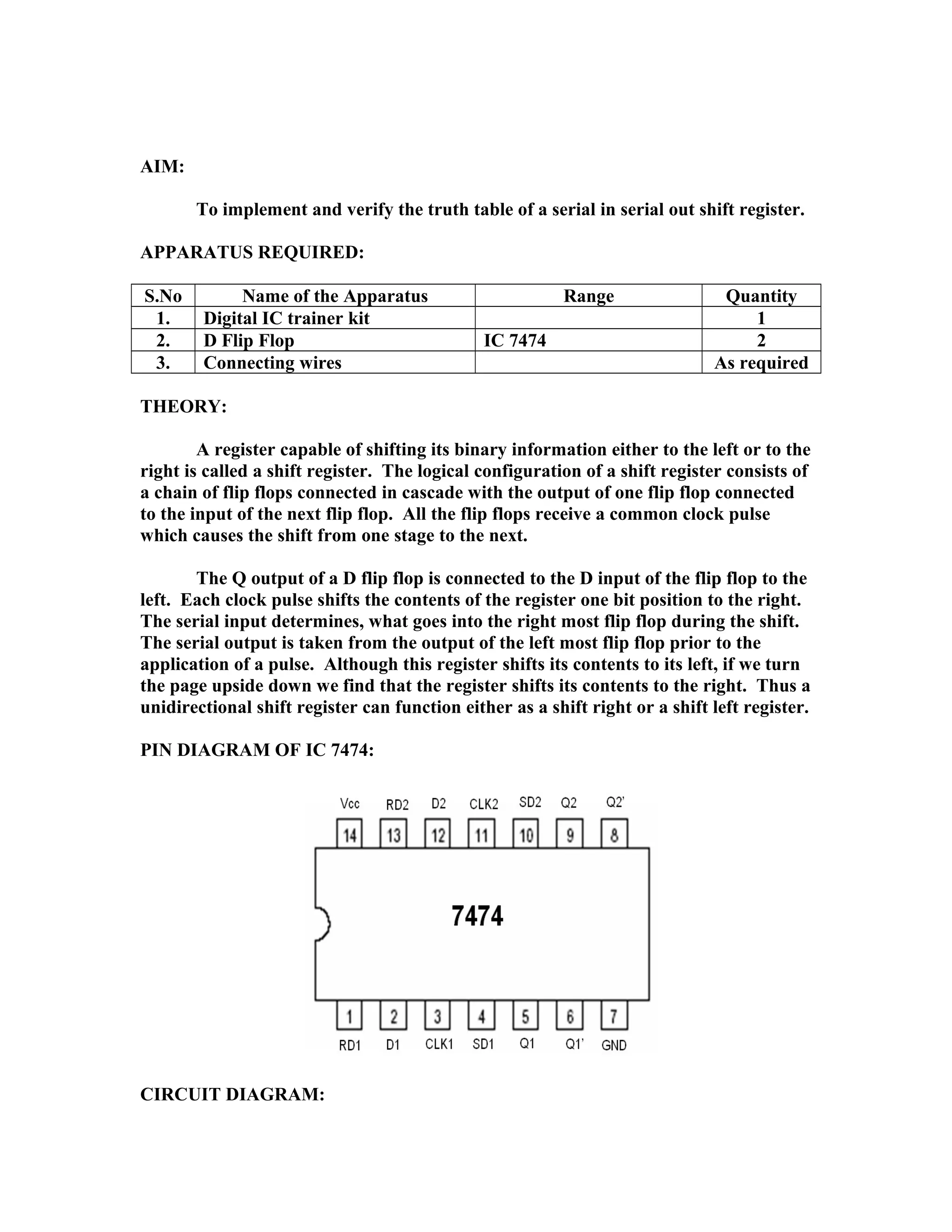 AIM:
To implement and verify the truth table of a serial in serial out shift register.
APPARATUS REQUIRED:
S.No Name of the Apparatus Range Quantity
1. Digital IC trainer kit 1
2. D Flip Flop IC 7474 2
3. Connecting wires As required
THEORY:
A register capable of shifting its binary information either to the left or to the
right is called a shift register. The logical configuration of a shift register consists of
a chain of flip flops connected in cascade with the output of one flip flop connected
to the input of the next flip flop. All the flip flops receive a common clock pulse
which causes the shift from one stage to the next.
The Q output of a D flip flop is connected to the D input of the flip flop to the
left. Each clock pulse shifts the contents of the register one bit position to the right.
The serial input determines, what goes into the right most flip flop during the shift.
The serial output is taken from the output of the left most flip flop prior to the
application of a pulse. Although this register shifts its contents to its left, if we turn
the page upside down we find that the register shifts its contents to the right. Thus a
unidirectional shift register can function either as a shift right or a shift left register.
PIN DIAGRAM OF IC 7474:
CIRCUIT DIAGRAM:
 
