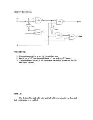 CIRCUIT DIAGRAM:
PROCEDURE:
1. Connections are given as per the circuit diagrams.
2. For all the ICs 7th
pin is grounded and 14th
pin is given +5 V supply.
3. Apply the inputs and verify the truth table for the half subtractor and full
subtractor circuits.
RESULT:
The design of the half subtractor and full subtractor circuits was done and
their truth tables were verified.
 
