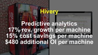 Hivery
Predictive analytics
17% rev. growth per machine
15% cost savings per machine
$480 additional OI per machine
 