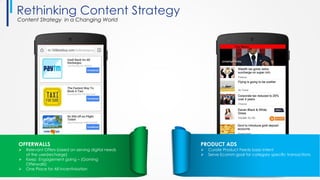 OFFERWALLS
 Relevant Offers based on serving digital needs
of the user(recharge)
 Keep Engagement going – (Gaming
Offerwalls)
 One Place for All Incentivisation
PRODUCT ADS
 Curate Product Feeds basis Intent
 Serve Ecomm goal for category specific transactions
Rethinking Content Strategy
Content Strategy in a Changing World
 