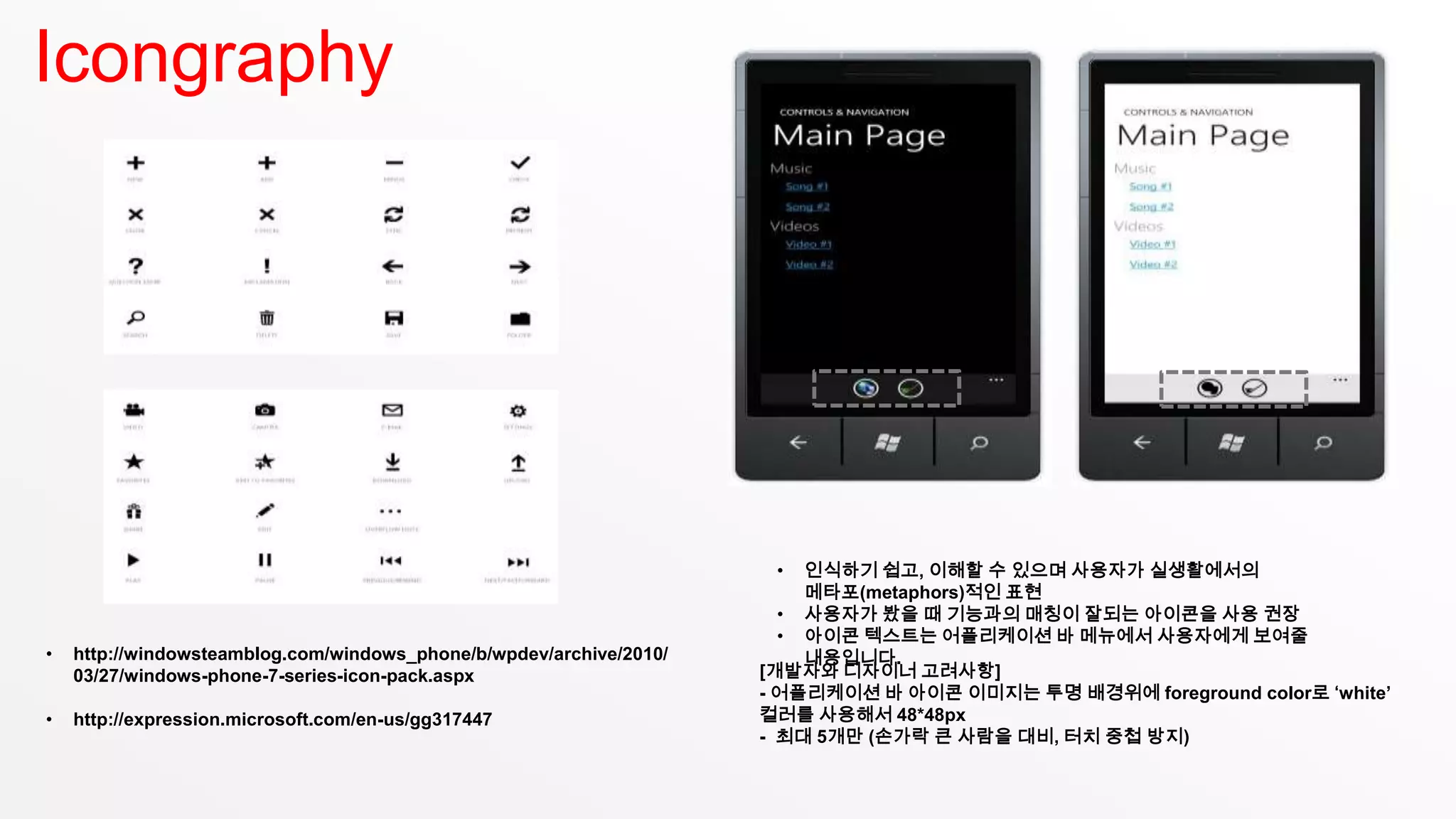 Icongraphy




                                                                      •  인식하기 쉽고, 이해할 수 있으며 사용자가 실생활에서의
                                                                         메타포(metaphors)적인 표현
                                                                       • 사용자가 봤을 때 기능과의 매칭이 잘되는 아이콘을 사용 권장
                                                                       • 아이콘 텍스트는 어플리케이션 바 메뉴에서 사용자에게 보여줄
•   http://windowsteamblog.com/windows_phone/b/wpdev/archive/2010/       내용입니다.
    03/27/windows-phone-7-series-icon-pack.aspx                      [개발자와 디자이너 고려사항]
                                                                     - 어플리케이션 바 아이콘 이미지는 투명 배경위에 foreground color로 ‘white’
•   http://expression.microsoft.com/en-us/gg317447                   컬러를 사용해서 48*48px
                                                                     - 최대 5개만 (손가락 큰 사람을 대비, 터치 중첩 방지)
 