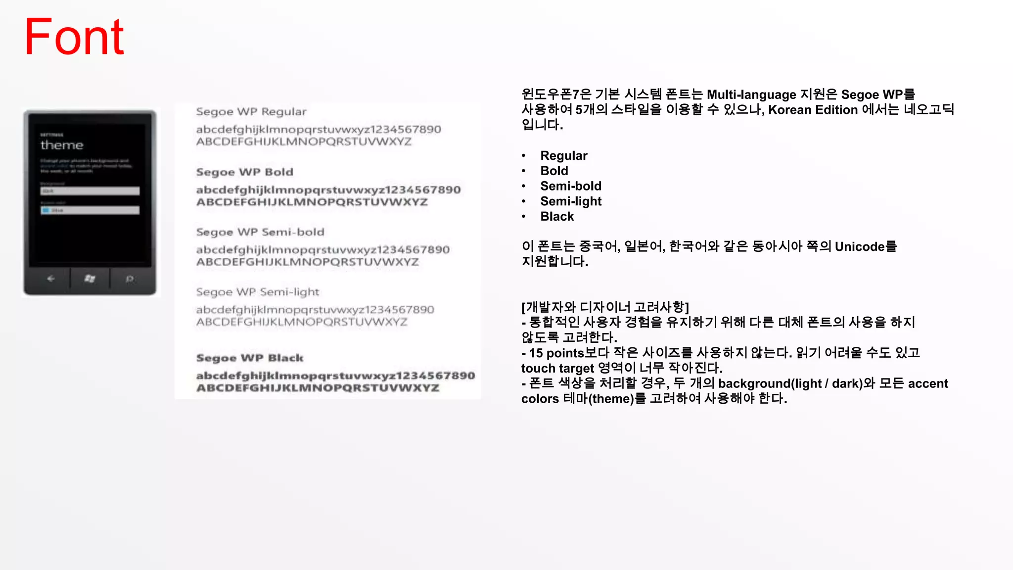 Font
       윈도우폰7은 기본 시스템 폰트는 Multi-language 지원은 Segoe WP를
       사용하여 5개의 스타일을 이용할 수 있으나, Korean Edition 에서는 네오고딕
       입니다.

       •   Regular
       •   Bold
       •   Semi-bold
       •   Semi-light
       •   Black

       이 폰트는 중국어, 일본어, 한국어와 같은 동아시아 쪽의 Unicode를
       지원합니다.


       [개발자와 디자이너 고려사항]
       - 통합적인 사용자 경험을 유지하기 위해 다른 대체 폰트의 사용을 하지
       않도록 고려한다.
       - 15 points보다 작은 사이즈를 사용하지 않는다. 읽기 어려울 수도 있고
       touch target 영역이 너무 작아진다.
       - 폰트 색상을 처리할 경우, 두 개의 background(light / dark)와 모든 accent
       colors 테마(theme)를 고려하여 사용해야 한다.
 