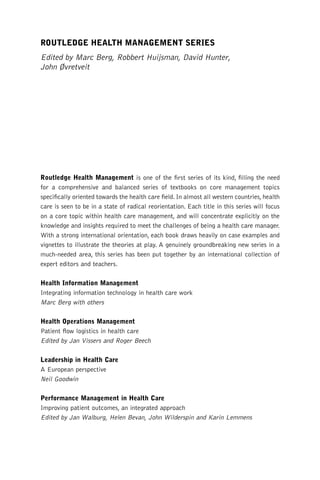 Marc Routledge Health Operations Management Health Management Series New Edition Jan ...